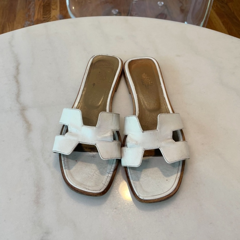 Hermes White Slip-On Sandals